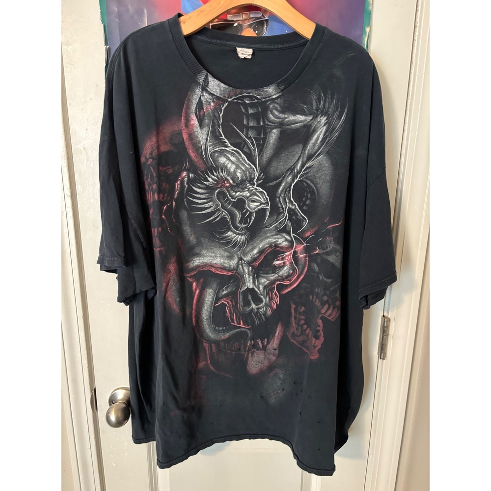 Vintage Dragon Skull Graphic T-Shirt Mens 3XL Faded Black Distressed Goth Biker